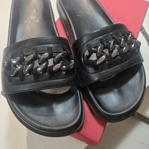 Valentino Black Sandals with Silver Chain Accent